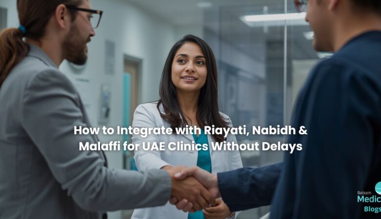 Clinic owner shakes hands with IT team to connect with Nabidh, Riayati or Malaffi