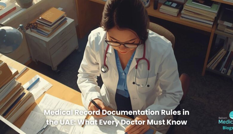 Doctor looking at their notes to make sure they're compliant with medical records guidelines