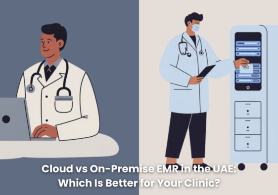 Doctor on the left using cloud EMR and doctor on the right goes to the server room for on-premise EMR