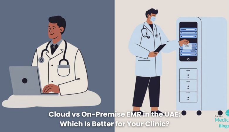 Doctor on the left using cloud EMR and doctor on the right goes to the server room for on-premise EMR