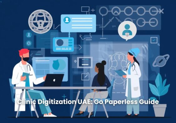 Illustration of doctors using digital systems with a patient in a paperless clinic