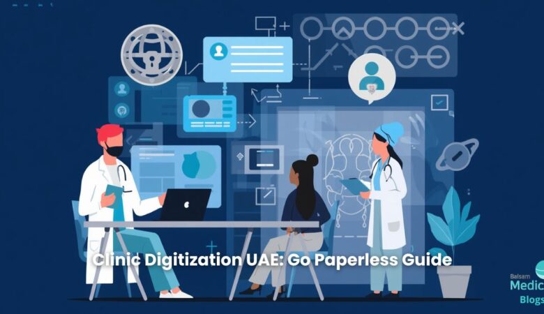 Illustration of doctors using digital systems with a patient in a paperless clinic