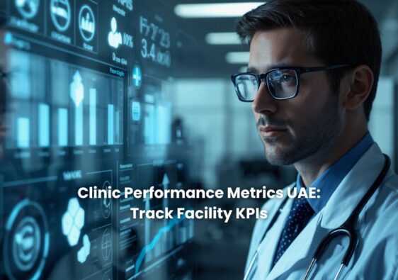 A professional doctor or clinic manager looking at a transparent digital screen with KPIs floating.