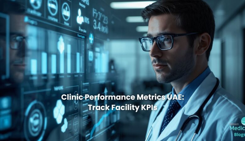 A professional doctor or clinic manager looking at a transparent digital screen with KPIs floating.