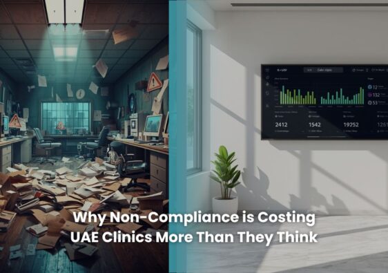 chaotic clinic with paperwork, errors, and warning icons vs calm clinic with clean, digital, compliant system dashboard