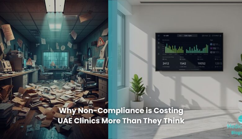 chaotic clinic with paperwork, errors, and warning icons vs calm clinic with clean, digital, compliant system dashboard