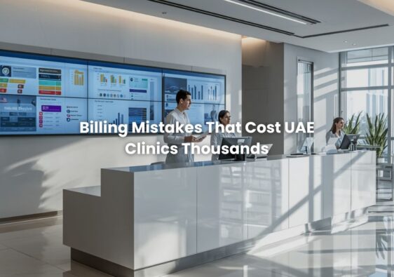 Modern UAE clinic reception desk with healthcare staff reviewing insurance claims on screens, featuring charts, billing analytics, and medical workflows.