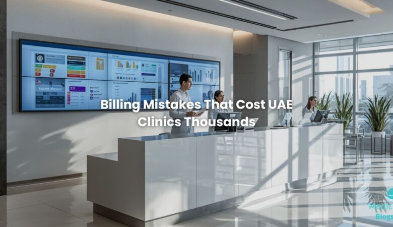 Modern UAE clinic reception desk with healthcare staff reviewing insurance claims on screens, featuring charts, billing analytics, and medical workflows.