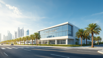Modern clinic in front of city skyline