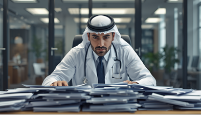 Doctor looking at a lot of documents needed to open a new clinic 