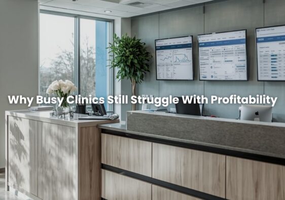 A modern clinic admin/reception environment with healthcare analytics dashboards and scheduling systems visible on-screen.
