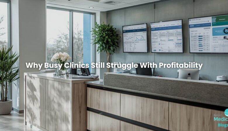 A modern clinic admin/reception environment with healthcare analytics dashboards and scheduling systems visible on-screen.
