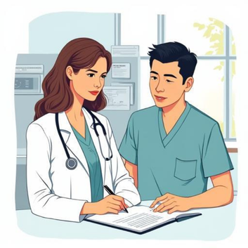 Doctor and nurse writing notes in the patient file