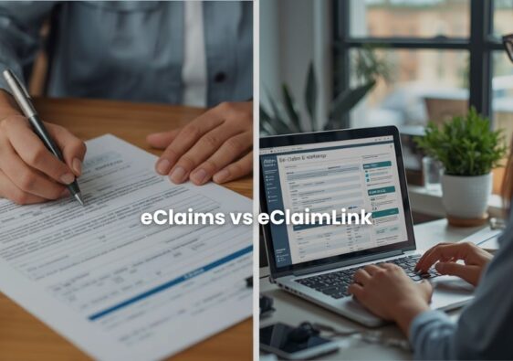 A staff member is filling an insurance claim form with patient and another staff member is filling the claim electronically