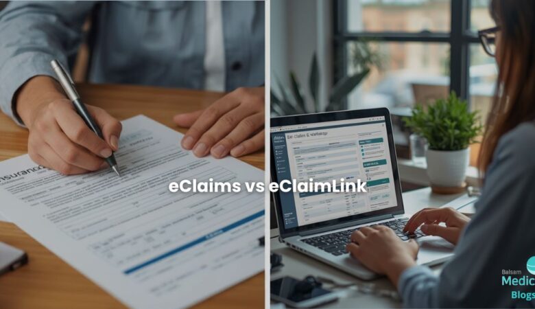 A staff member is filling an insurance claim form with patient and another staff member is filling the claim electronically