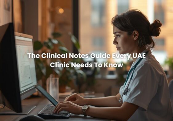 A physician or nurse at a desktop/tablet EMR in a modern clinic