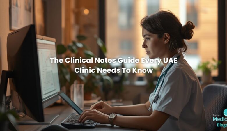 A physician or nurse at a desktop/tablet EMR in a modern clinic