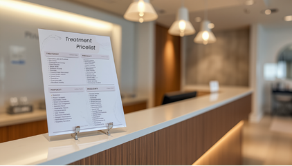 Treatment pricelist sheet placed on the clinic reception desk 