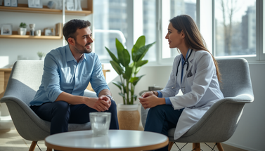 A financial advisor is sitting with a doctor to show all the options that is useful in a clinic