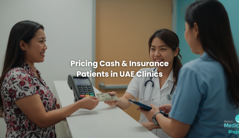 Patient paying by cash in a clinic and doctor is informing them on insurance cards.