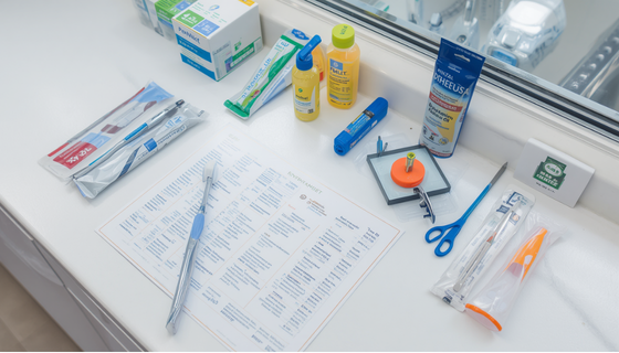 A close-up of a variety of dental consumables together with a sheet of range of SKUs a clinic manages.