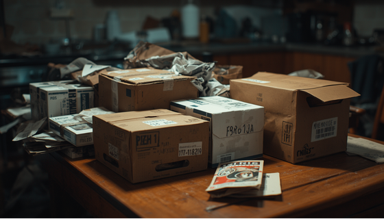 Boxes with visible expiry dates, or a small stack of items being set aside/discarded.
