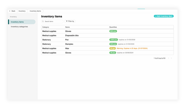 Screenshot of Balsam Medico showing the inventory page