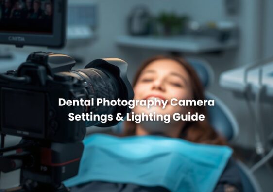 A macro/DSLR camera fitted with a ring flash, angled toward a model's mouth in a clinic
