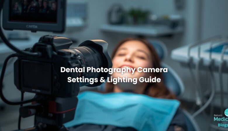 A macro/DSLR camera fitted with a ring flash, angled toward a model's mouth in a clinic
