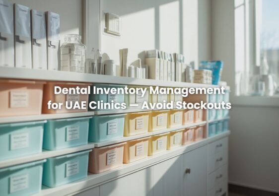 A clean, well-organized dental supply shelf or cabinet — labeled bins, boxes stacked neatly.