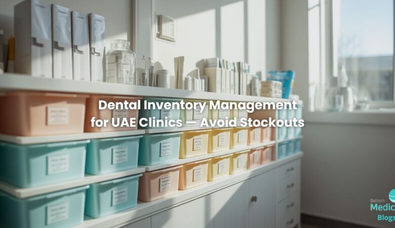 A clean, well-organized dental supply shelf or cabinet — labeled bins, boxes stacked neatly.