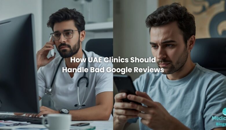 a split screen showing a patient on the right side looking at their phone mad and the left side is the clinic staff in the clinic looking at the computer looking concerned