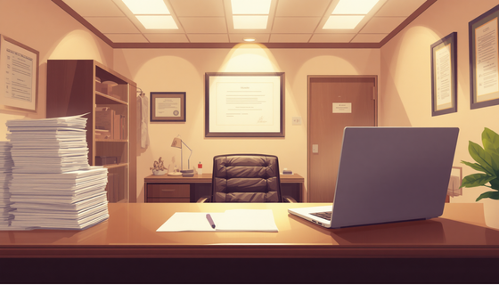 Insurance team with papers and laptop