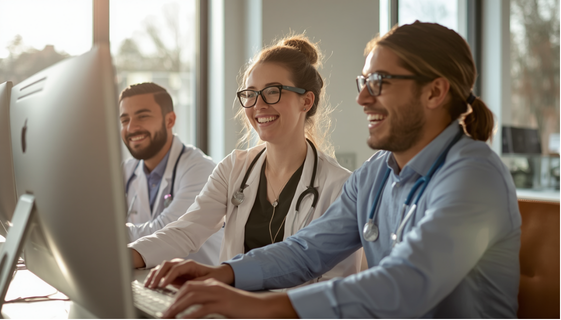 clinic staff smiling while sitting on computer