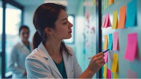 clinic owner looking at a board with many sticky notes