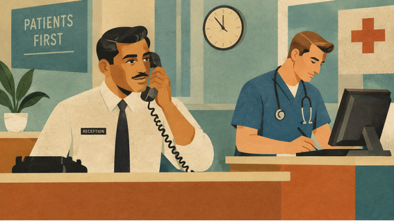 one receptionist talking on phone and another nurse writing on computer
