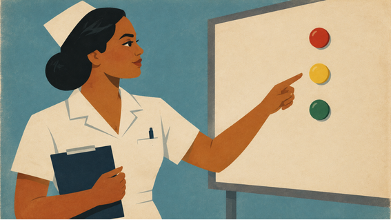 one nurse looking at a white board that has a red magnet, yellow magnet and green masket, he points at the yellow magnet