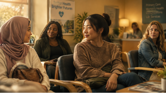 clinic waiting room with multiple nationalities