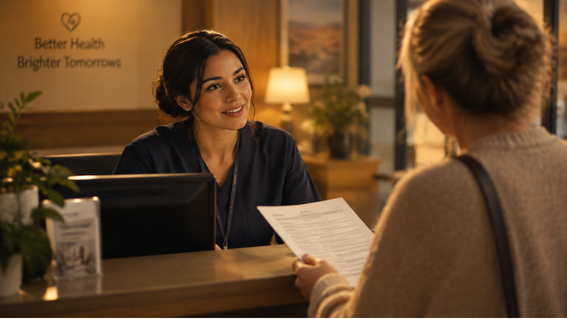 receptionist talking to patient